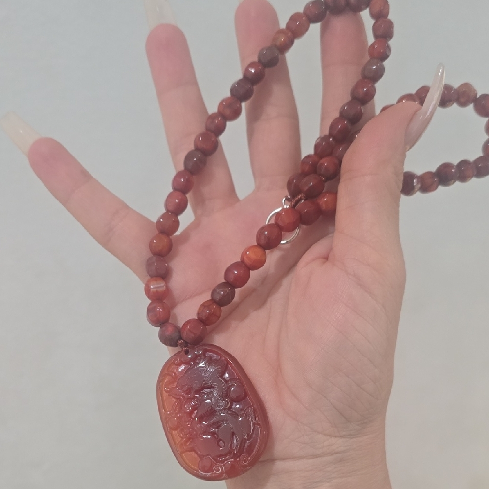 Glass Red Beaded Necklace With Dragon Pendant Ventage